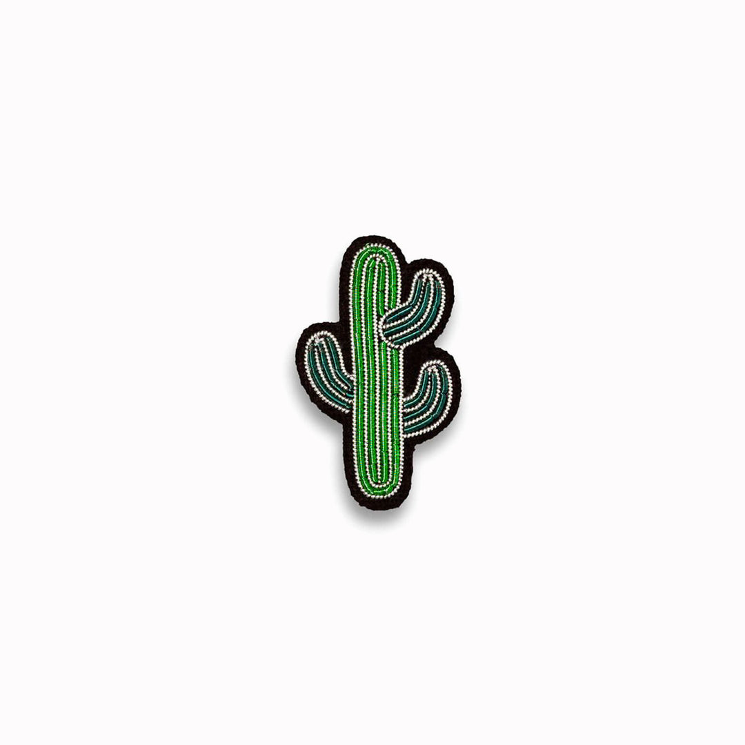 For spiky people! A Cactus hand-embroidered lapel pin, green and gorgeous from Macon & Lesquoy, French Hand Embroidered badges and patches using Cannetille thread.