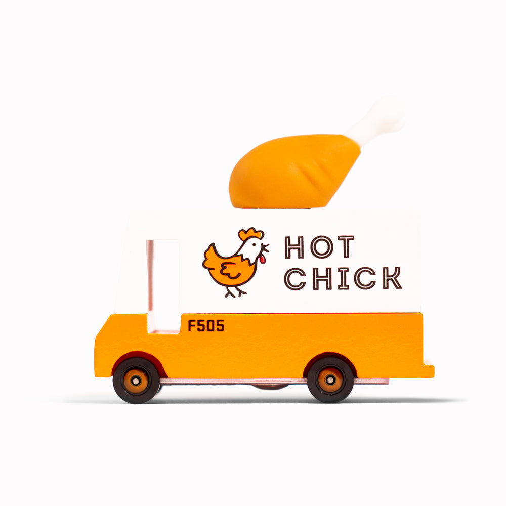The fast food, speedy hot fried chicken van with rubber drumstick on top.