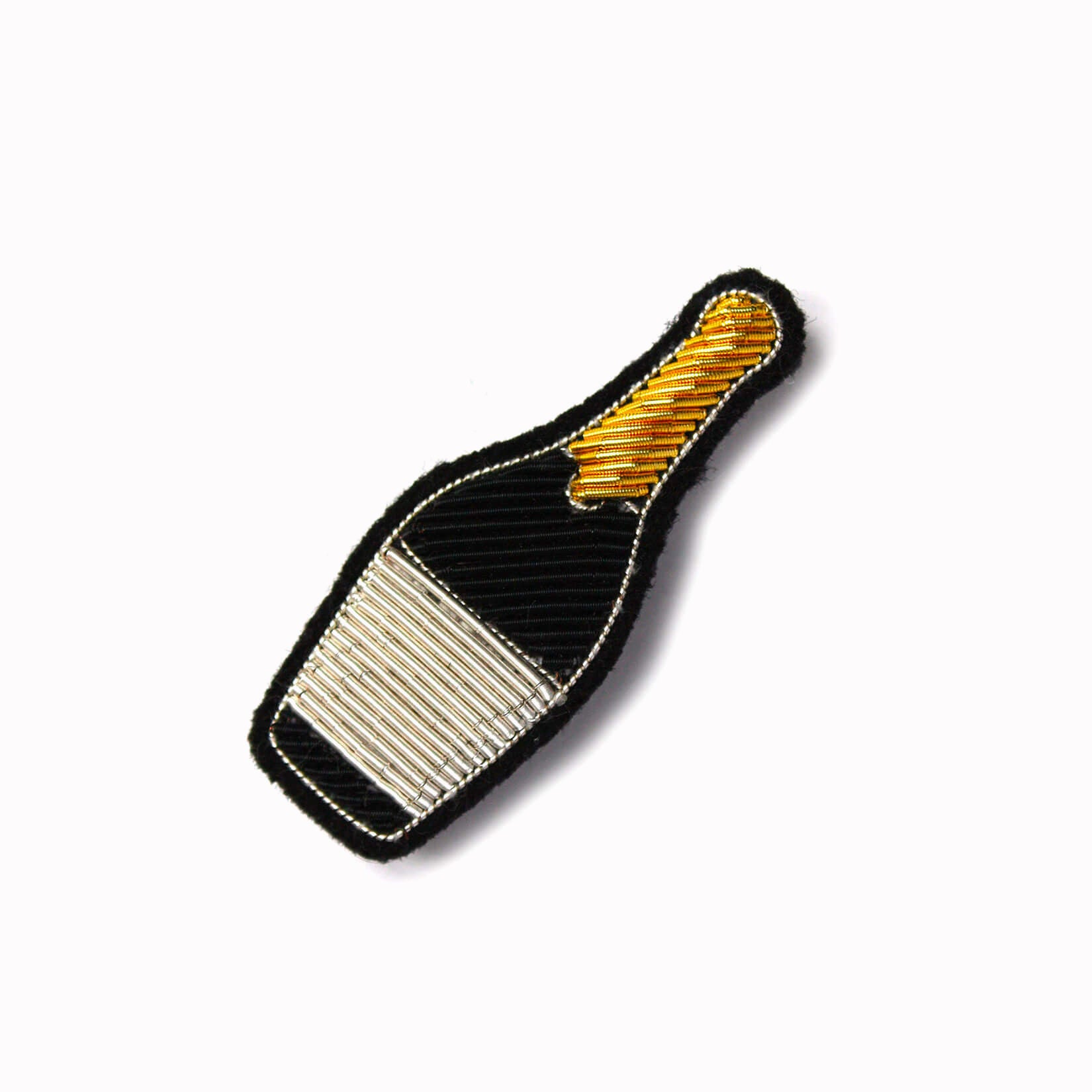 Celebrate! Elegant Champagne bottle hand-embroidered lapel pin.From Macon & Lesquoy, French Hand Embroidered badges and patches using Cannetille thread,