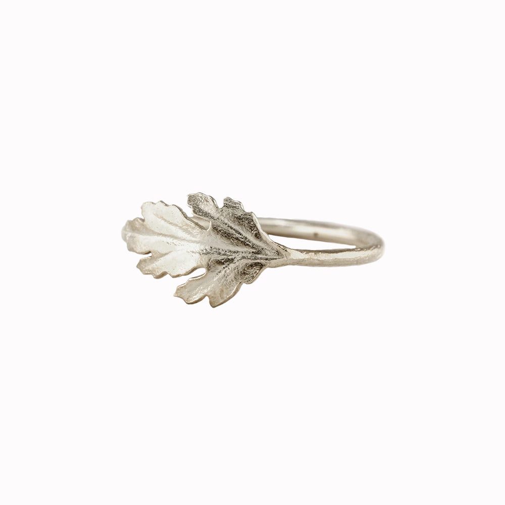 A single chrysanthemum leaf flows around the finger in this beautiful botanical ring by London based jeweller Alex Monroe.