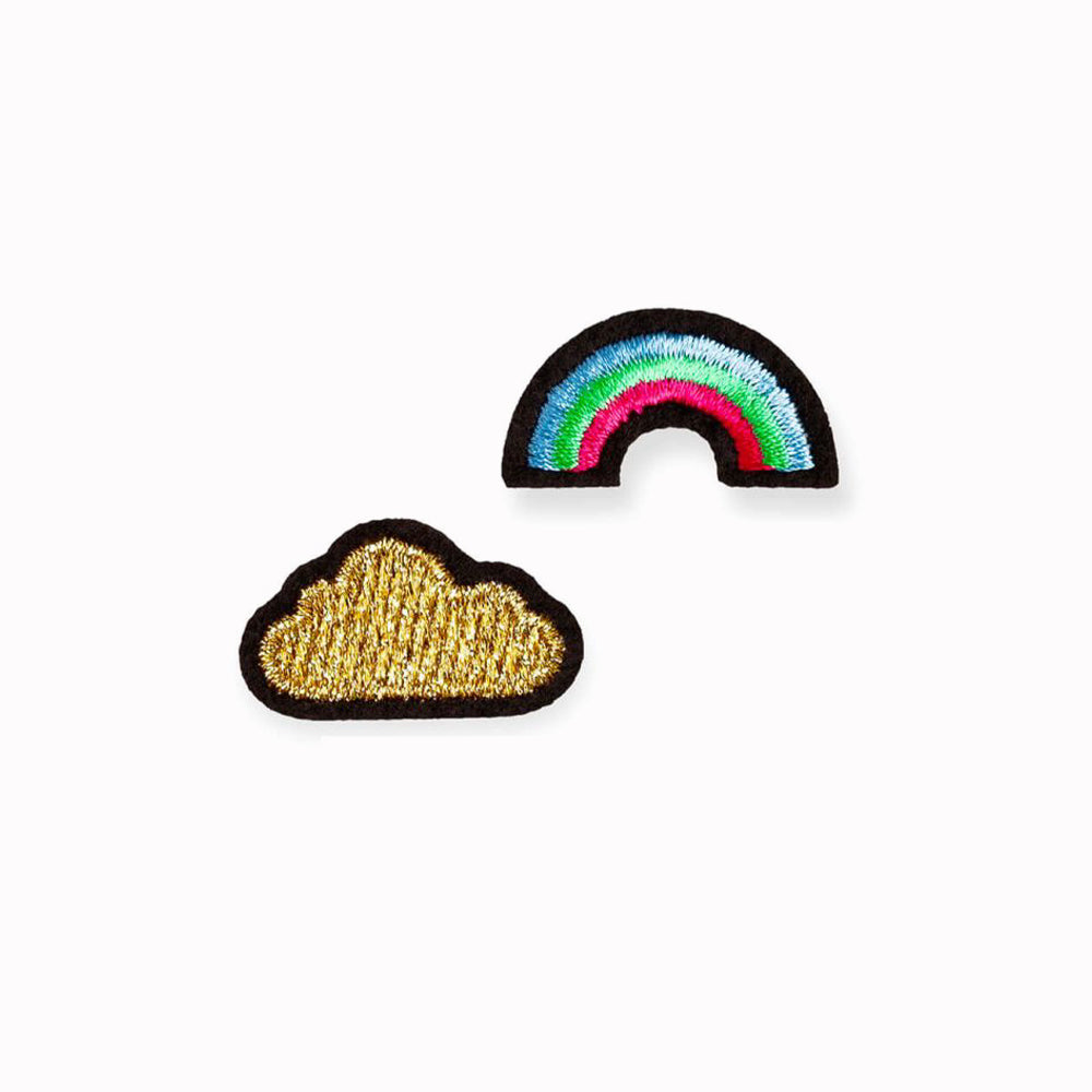 Way up high… Cloud and Rainbow embroidered patch set for hiding holes or decorating clothes, bags or anything textile, From Macon & Lesquoy, French Embroidered badges and patches.
