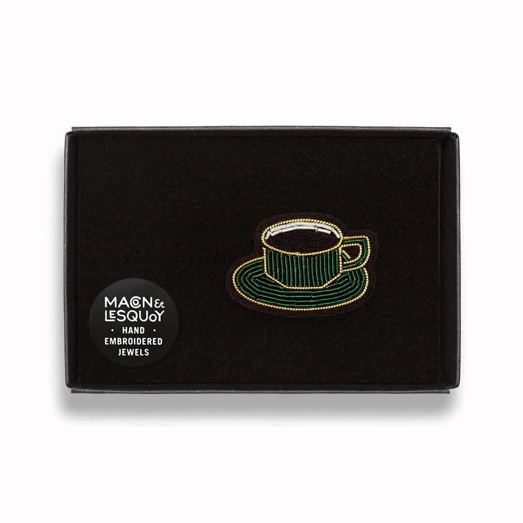 Hand-embroidered lapel pin for coffee lovers!  in a presentation box From Macon & Lesquoy, French Hand Embroidered badges and patches using Cannetille thread,