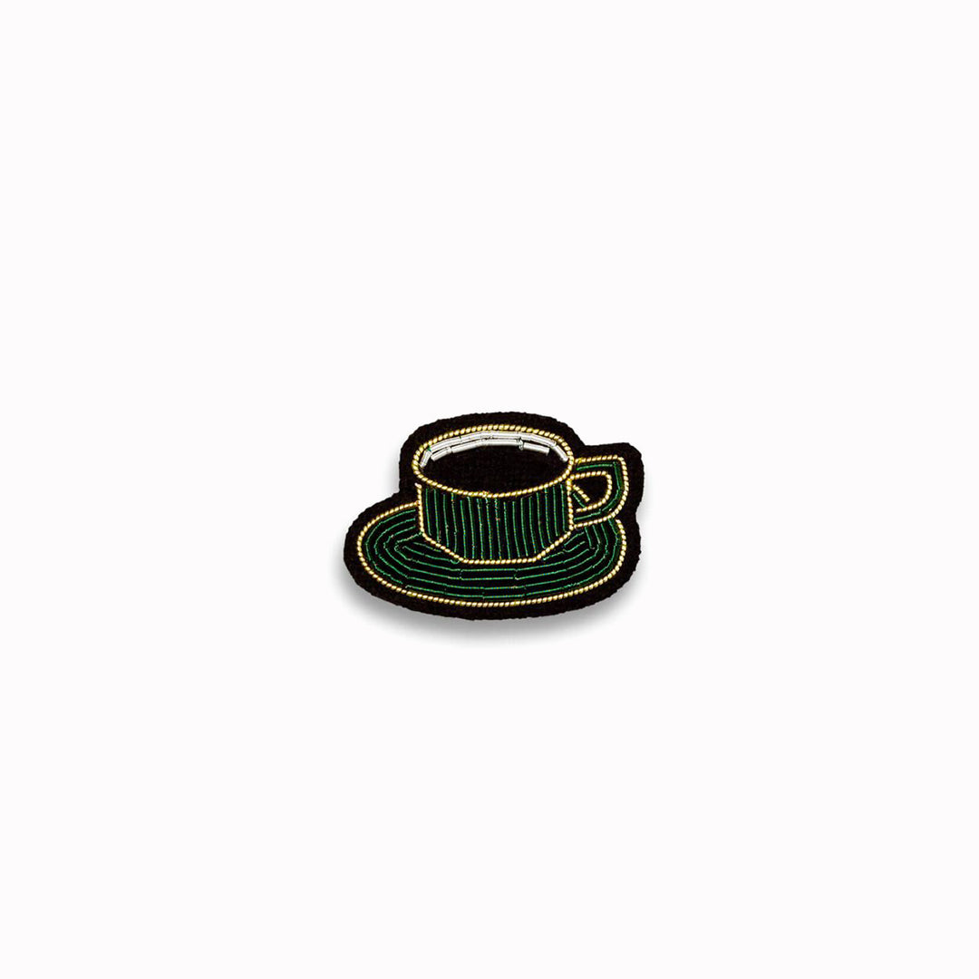 Hand-embroidered lapel pin for coffee lovers! From Macon & Lesquoy, French Hand Embroidered badges and patches using Cannetille thread,