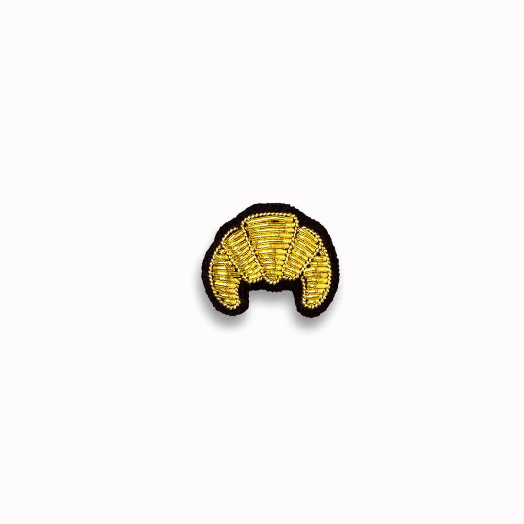 A beautiful golden Croissant lapel pin. Hand-embroidered, From Macon & Lesquoy, French Hand Embroidered badges and patches using Cannetille thread.
