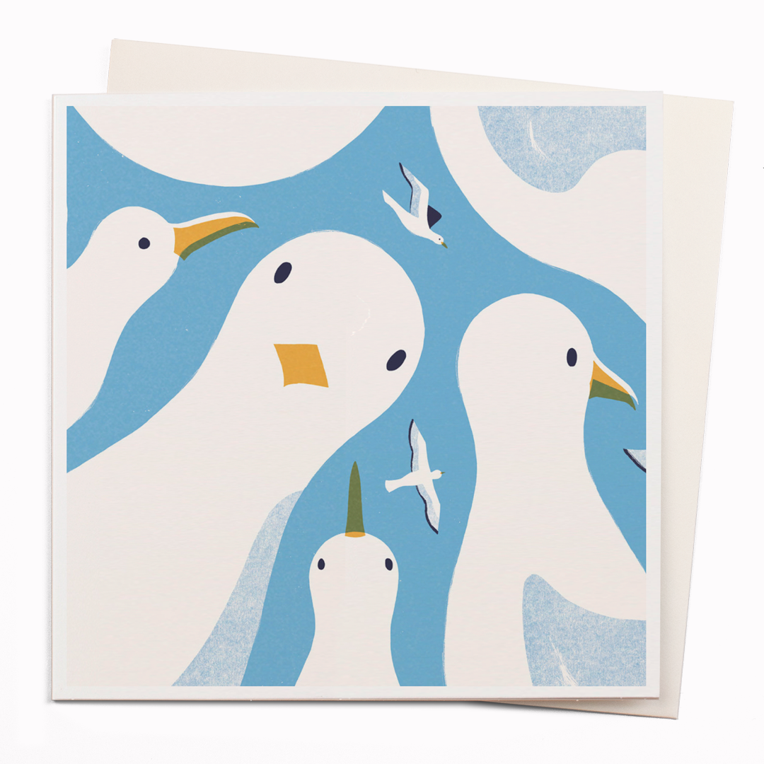 Travel illustrator David Doran's illustrations are like a little holiday in the form of a greeting card. This is a beautiful contemporary illustration of a gang of Seagulls looking down. David's range for USTUDIO was a winner of the 'Best Art Range' at the annual greeting card awards.