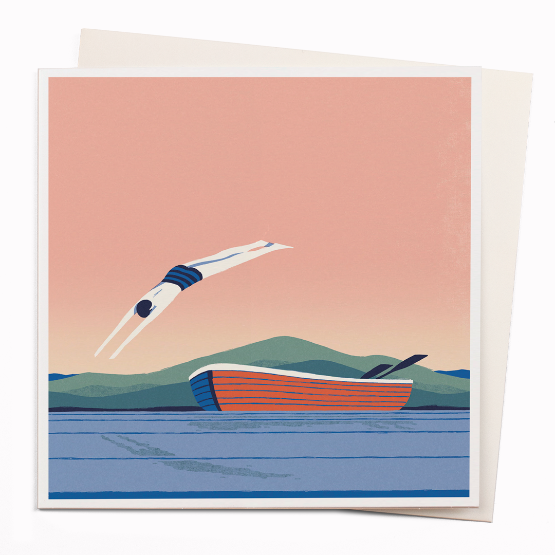 Travel illustrator David Doran's illustrations are like a little holiday in the form of a greeting card. Surfers is a beautiful contemporary illustration of a diver at sunset, David's range for USTUDIO was a winner of the 'Best Art Range' at the annual greeting card awards.