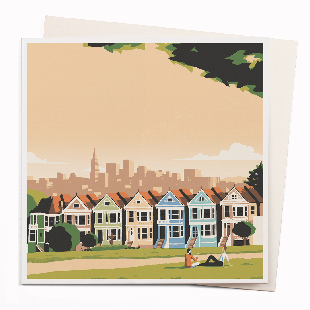 Travel illustrator David Doran's illustrations are like a little holiday in the form of a greeting card. Surfers is a beautiful contemporary illustration of a row of San Franciscan houses, David's range for USTUDIO was a winner of the 'Best Art Range' at the annual greeting card awards.