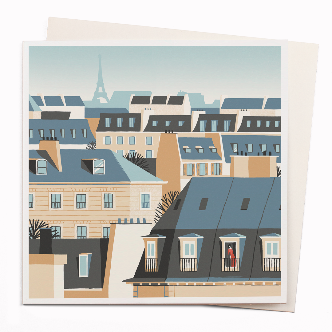 Travel illustrator David Doran's illustrations are like a little holiday in the form of a greeting card. This is a beautiful contemporary illustration of a row of the rooftops looking out over Paris, David's range for USTUDIO was a winner of the 'Best Art Range' at the annual greeting card awards.