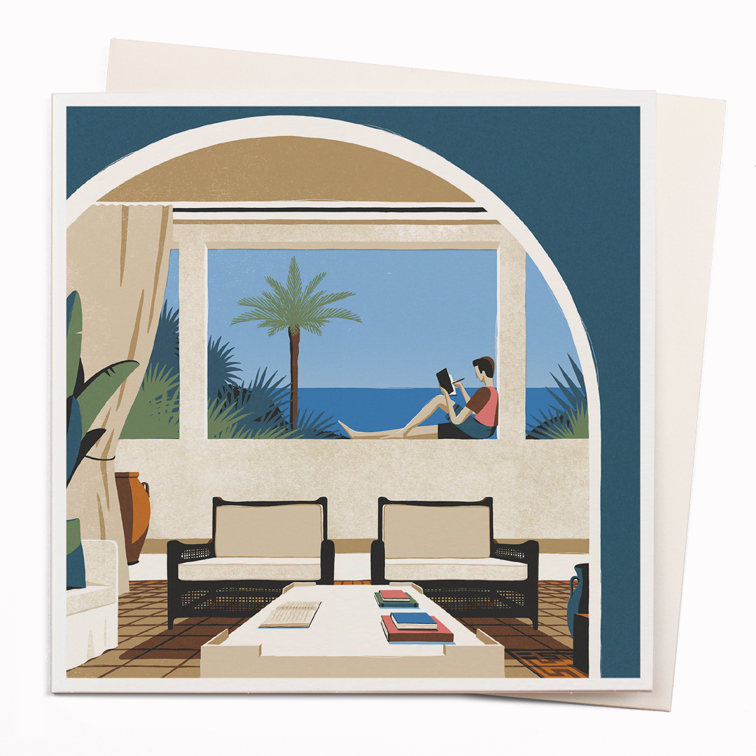 Travel illustrator David Doran's illustrations are like a little holiday in the form of a greeting card. This is a beautiful contemporary illustration of a view through a window while journaling. David's range for USTUDIO was a winner of the 'Best Art Range' at the annual greeting card awards.