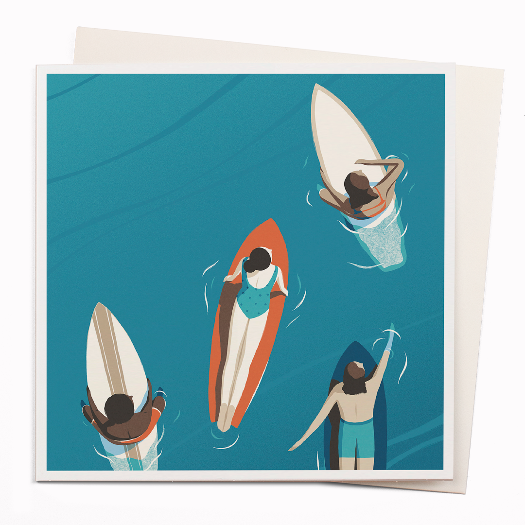 Travel illustrator David Doran's illustrations are like a little holiday in the form of a greeting card. Surfers is a beautiful contemporary illustration of surfers enjoying the sun from above, David's range for USTUDIO was a winner of the 'Best Art Range' at the annual greeting card awards.