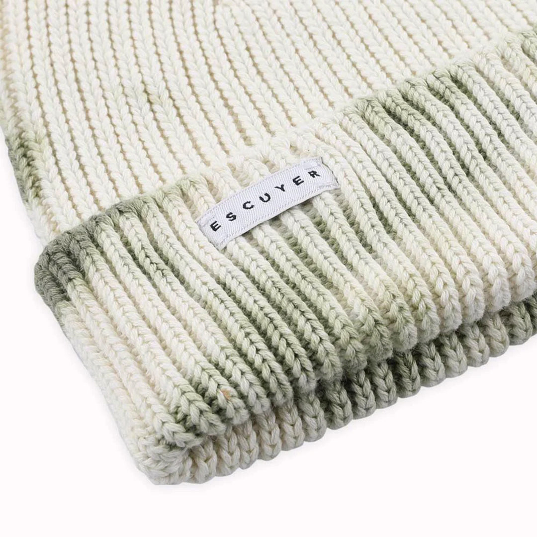 Premium Ecru and Green tie dye beanie hat detail by Belgium based Escuyer. Made from super soft and comfortable South American cotton and suitable to wear all year round.