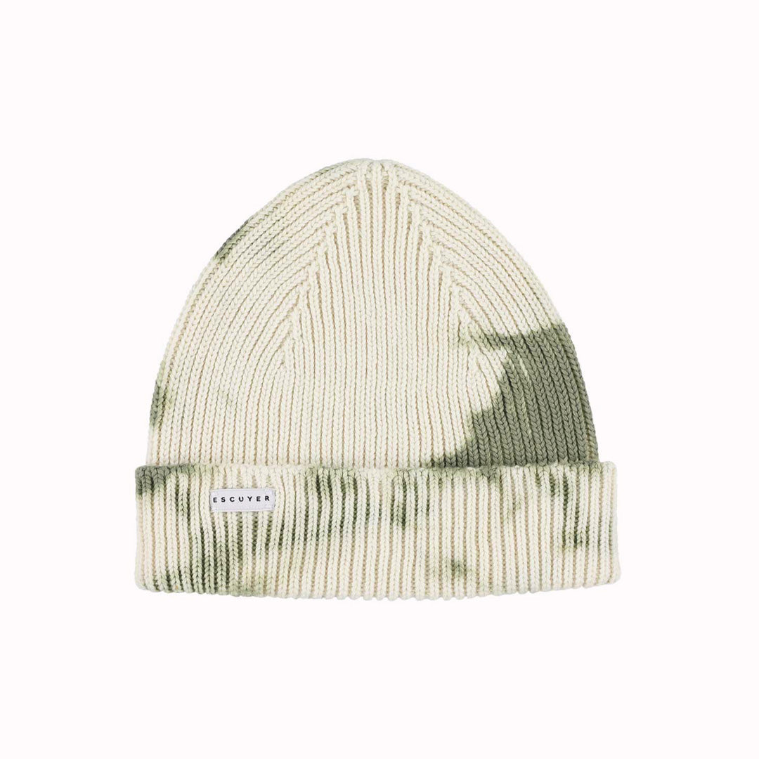 Premium Ecru and Green tie dye beanie hat by Belgium based Escuyer. Made from super soft and comfortable South American cotton and suitable to wear all year round.