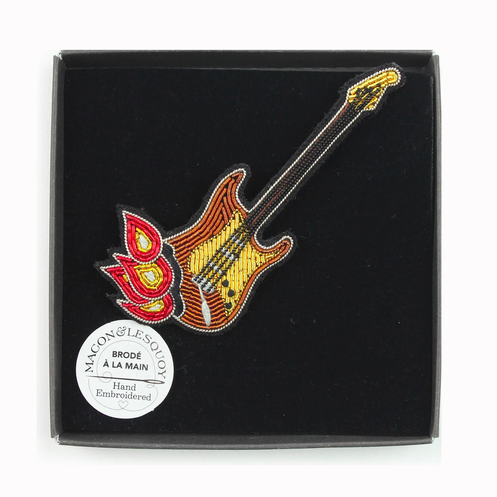 Burning Guitar hand-embroidered lapel pin, for rock gods and music lovers, in a presentation box From Macon & Lesquoy, French Hand Embroidered badges and patches using Cannetille thread,