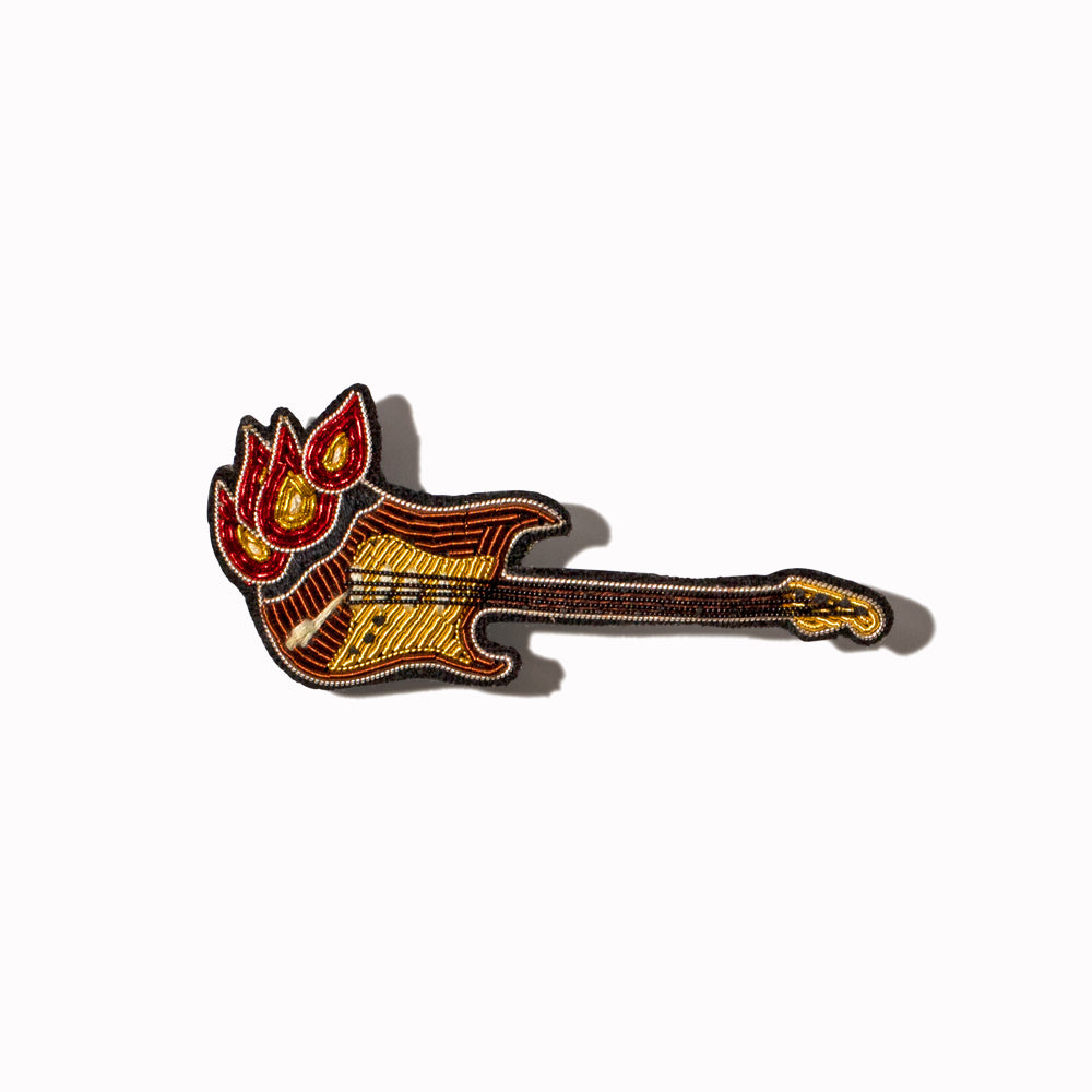 Burning Guitar hand-embroidered lapel pin, for rock gods and music lovers. From Macon & Lesquoy, French Hand Embroidered badges and patches using Cannetille thread,