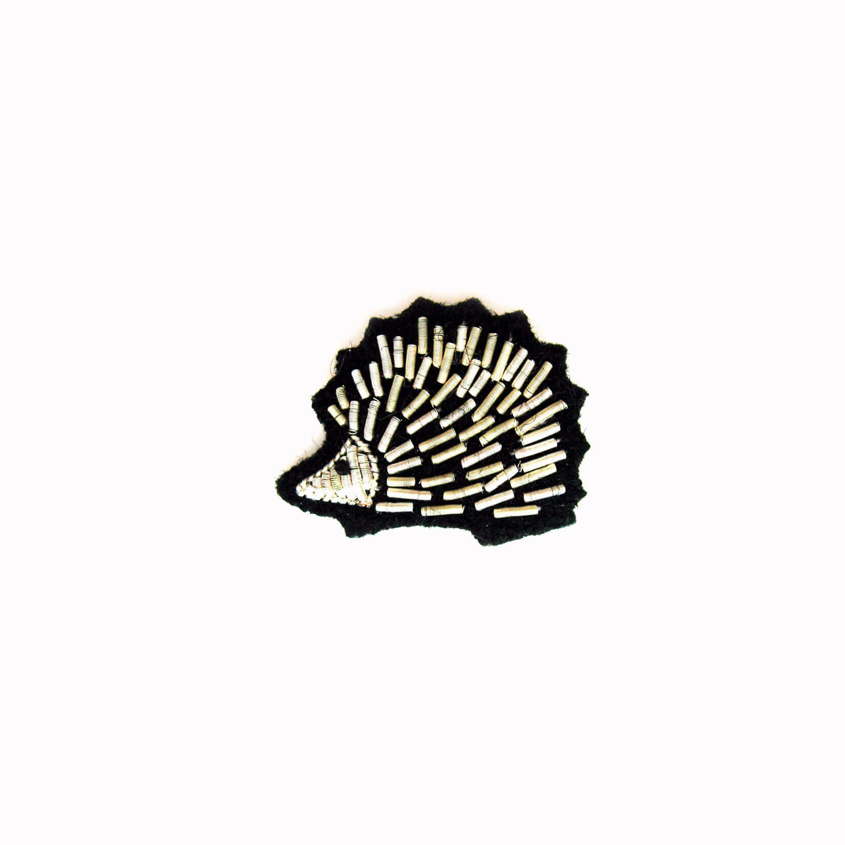 Adorable Shiny Hedgehog Hand Embroidered Lapel Badge, does not prickle, From Macon & Lesquoy, French Hand Embroidered badges and patches using Cannetille thread.