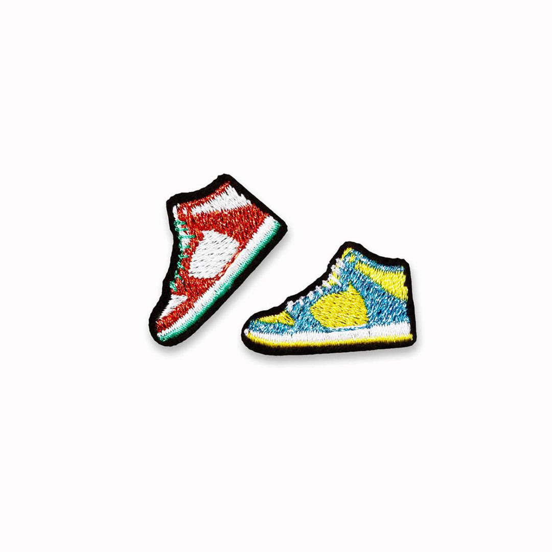 Classic high top trainers embroidered patch set for hiding holes or decorating clothes, bags or anything textile, From Macon & Lesquoy, French Embroidered badges and patches.