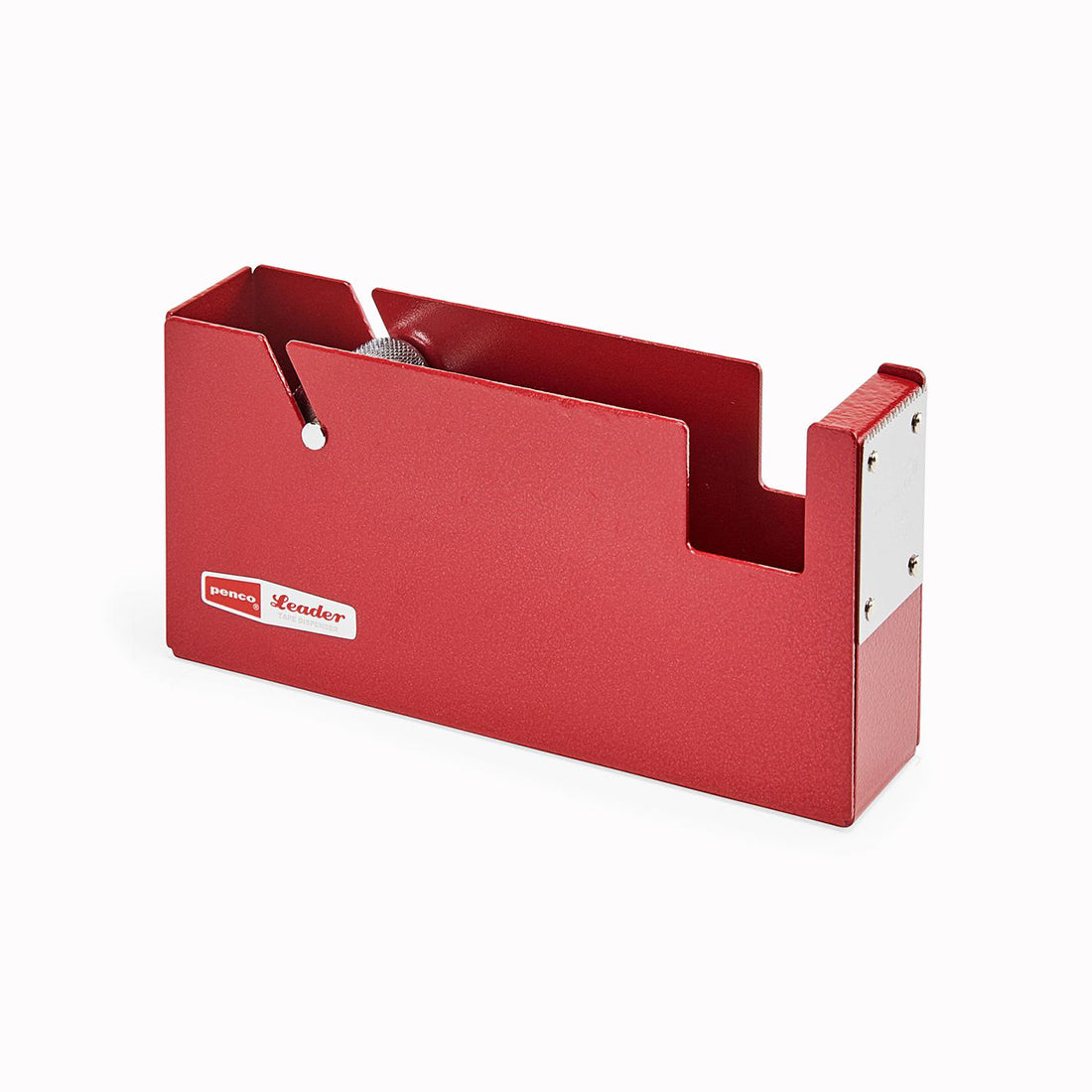 Penco heavyweight metal tape dispenser in red, designed to fit large tape rolls. Extremely sturdy, the dispenser can be wall mounted or used free standing on your desk.