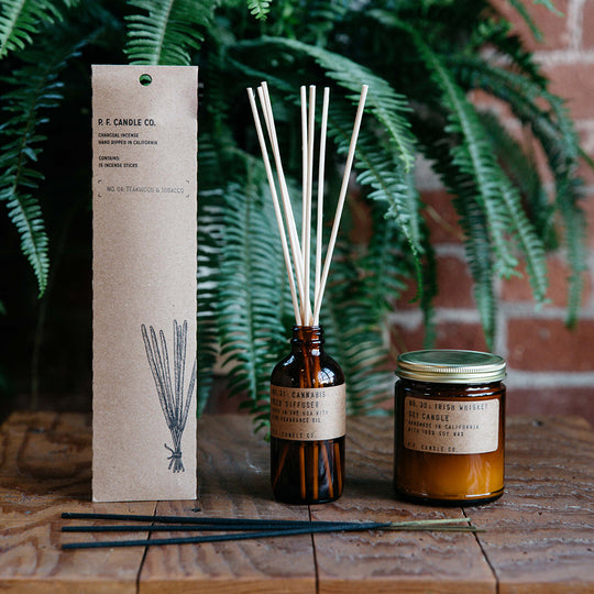 PF Candle Co's Teakwood and Tobacco Incense in front of a fern plant