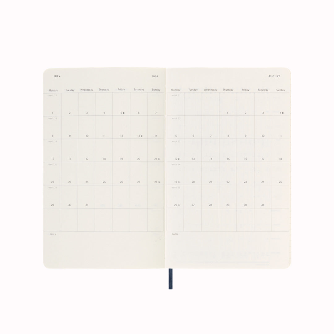 Calendar View | Dated from July 2023 to December 2024, This 18-Month Weekly Notebook  from Moleskine will let you see the whole week at a glance, while also providing yearly and monthly snapshot pages for a broader overview of the year.