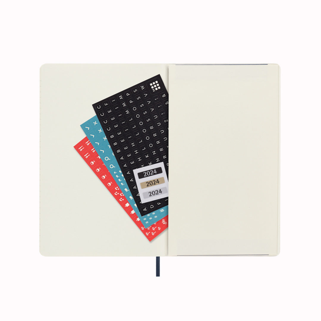 Inside Rear View | Dated from July 2023 to December 2024, This 18-Month Weekly Notebook  from Moleskine will let you see the whole week at a glance, while also providing yearly and monthly snapshot pages for a broader overview of the year.