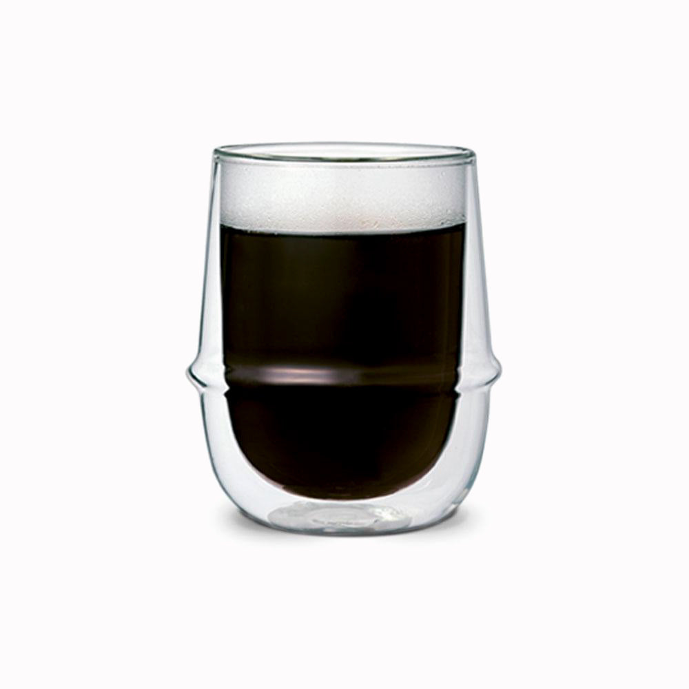 Kronos Double Walled Glass cup from Kinto. A beautifully-designed double wall glass coffee cup, with an ergonomic ring around the circumference to make the glass more comfortable to hold. The double wall enables you to hold the glass with hot liquid inside.
