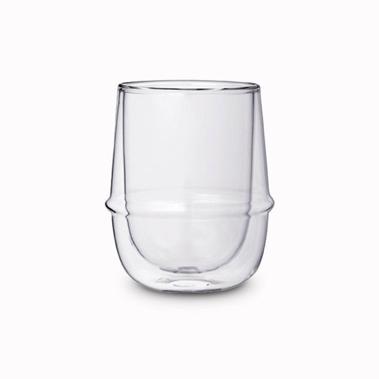 Kronos Double Walled Glass cup from Kinto. A beautifully-designed double wall glass coffee cup, with an ergonomic ring around the circumference to make the glass more comfortable to hold. The double wall enables you to hold the glass with hot liquid inside.