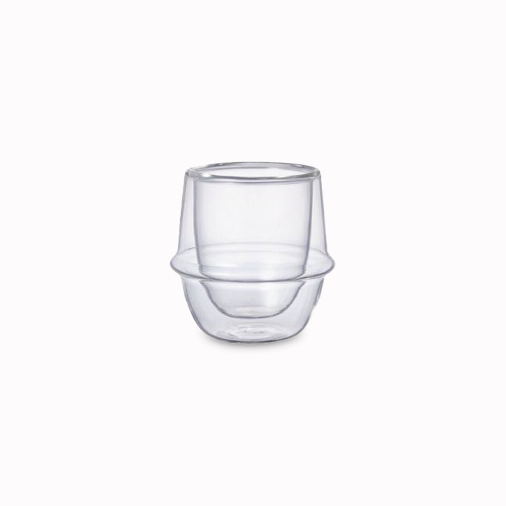 Kronos Double Walled Glass Espresso cup from Kint. A beautifully designed double wall glass espresso cup, with an ergonomic ring around the circumference to make the glass more comfortable to hold. The double wall enables you to handle the glass with hot liquid inside. 