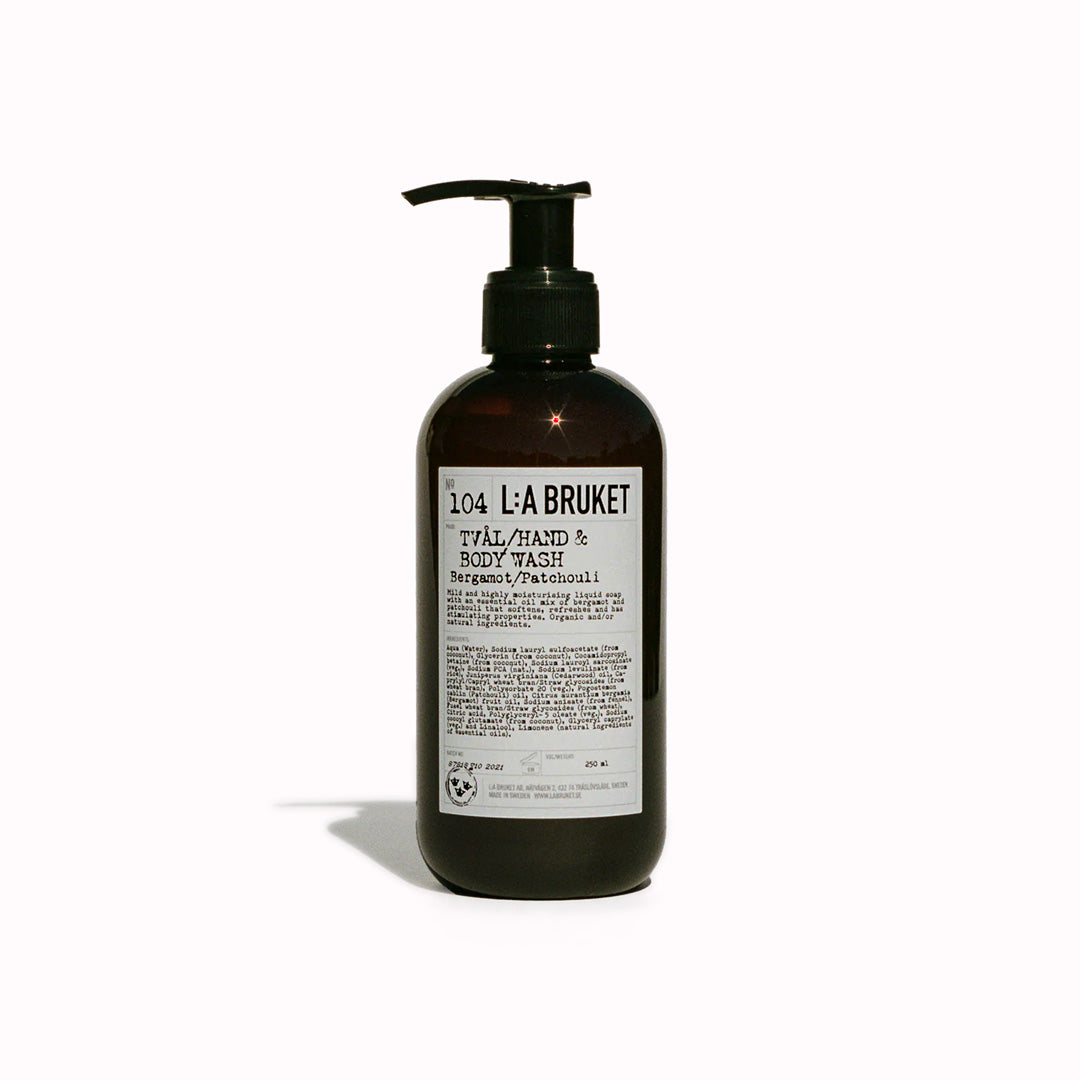 250ml Bergamot and Patchouli Hair and Body Wash 104 from L:A Bruket. This organic, natural, mild and highly moisturising natural liquid soap from L:A Bruket gently cleans and softens your body and hands. Contains the warm, spicy scent of bergamot and patchouli, a relaxing, woody and citrusy scent which lingers after washing- gorgeous! Natural Swedish skincare from L:A Bruket.