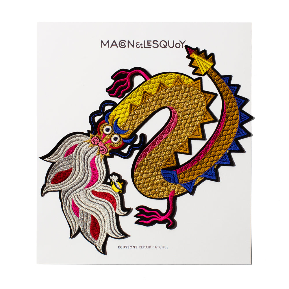Make a statement with this beautiful Chinese Dragon iron-on decorative patch by Paris based Macon et Lesquoy on a presentation card From Macon & Lesquoy, French Hand Embroidered badges and patches.