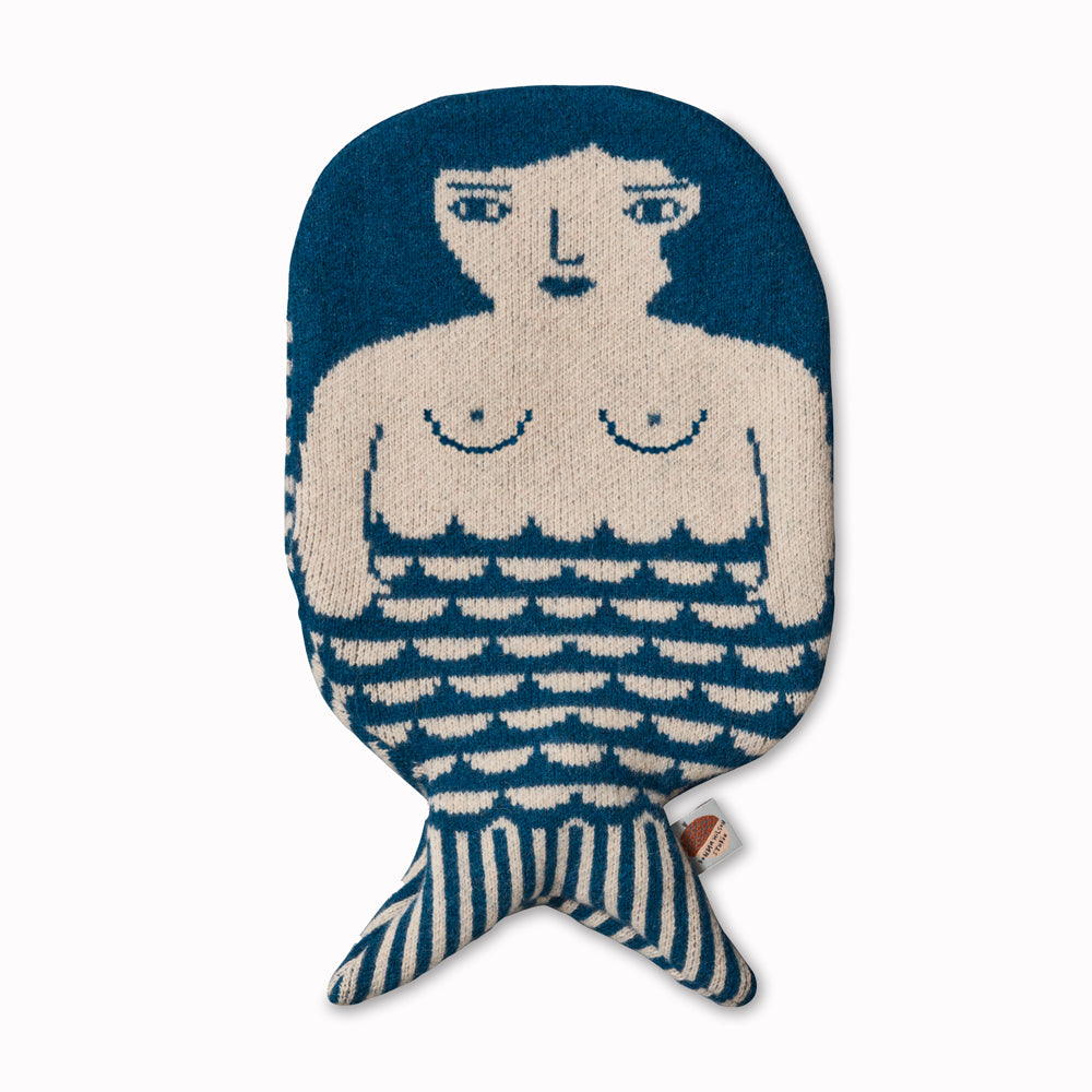 Mermaid hot water bottle with a soft lambswool knitted cover by Donna Wilson, perfect to cuddle up with on a cold evening or to soothe aches and pains.
