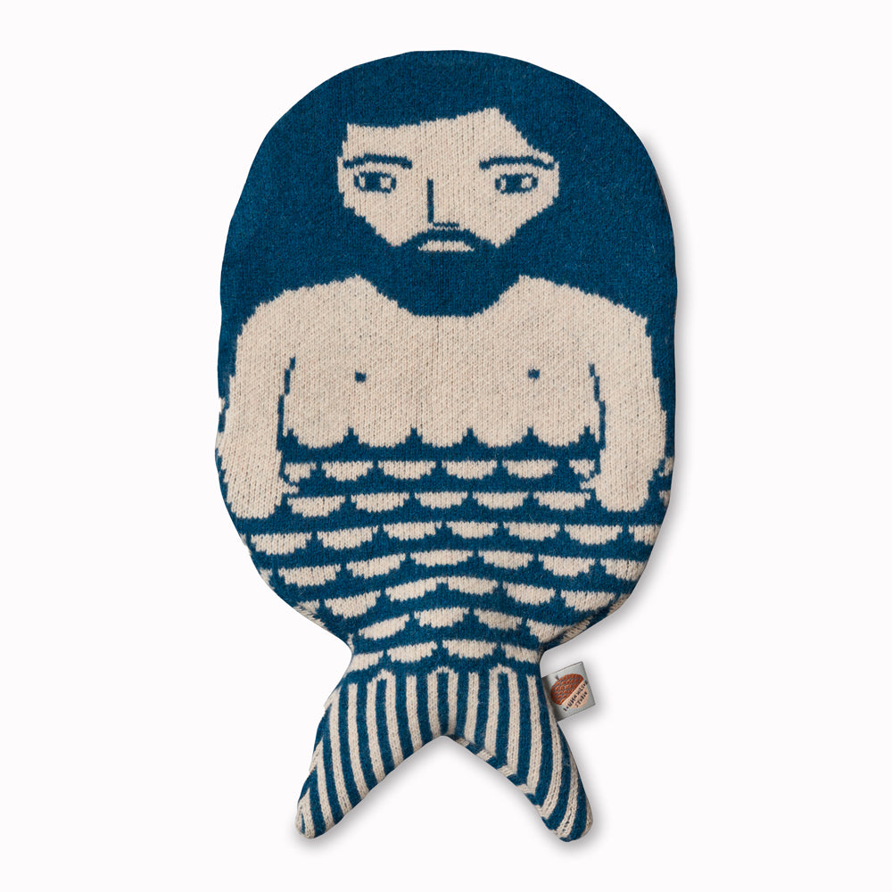 Merman hot water bottle with a soft lambswool knitted cover by Donna Wilson, perfect to cuddle up with on a cold evening or to soothe aches and pains.