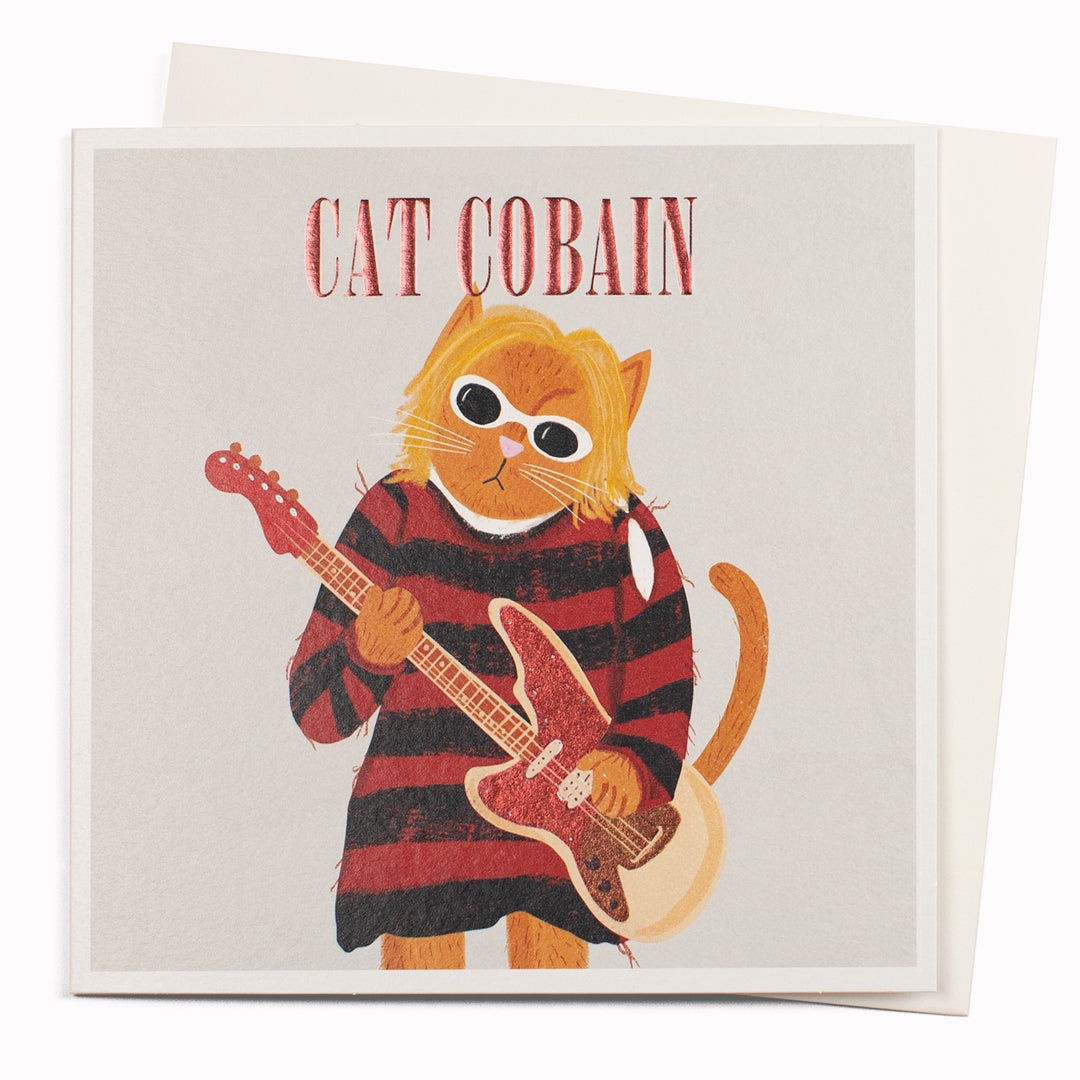 Cat Cobain is a humorous card and is suitable for any occasion including birthdays, or just a note to say 'hi'!
