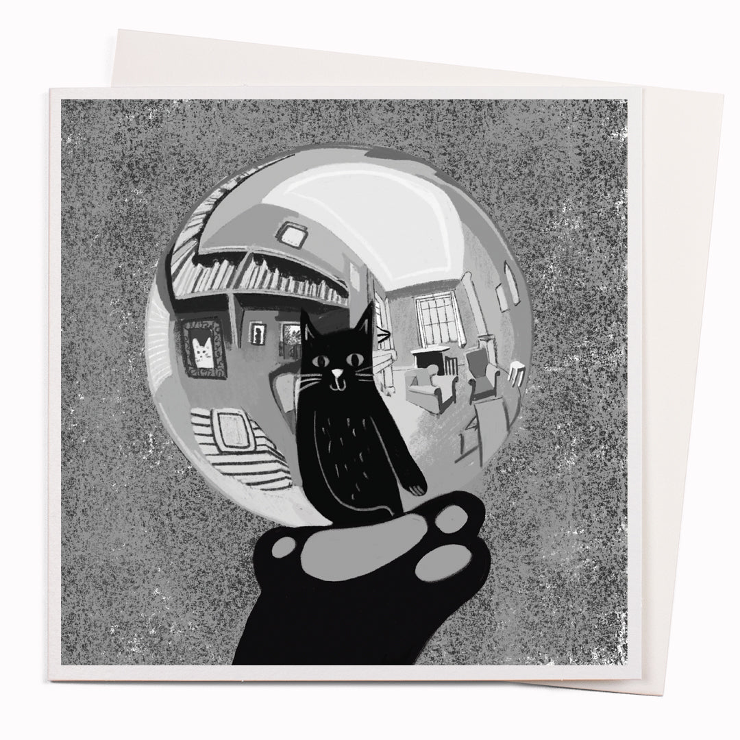 Niaski's 'Cats in Art' card no.24 is a feline interpretation of Dutch artist M. C. Escher's 'Hand With Reflecting Sphere', now reimagined as 'Paw With Reflecting Sphere.'