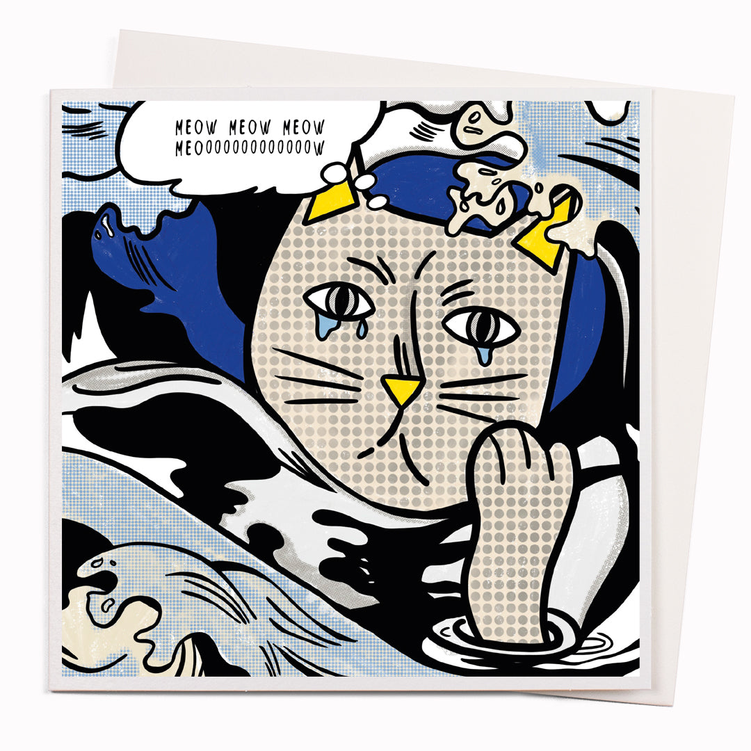 Niaski's 'Cats in Art' card no.25 is a feline interpretation of Roy Lichtenstein's 'Drowning Girl', now reimagined as 'Drowning Cat by Licktenstein.'