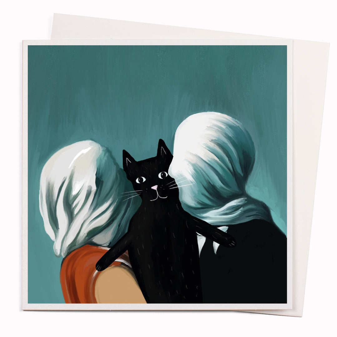 Niaski's 'Cats in Art' card no.26 is a feline interpretation of René Magritte's 'The Lovers', now reimagined as 'Lovers by Mogritte.'
