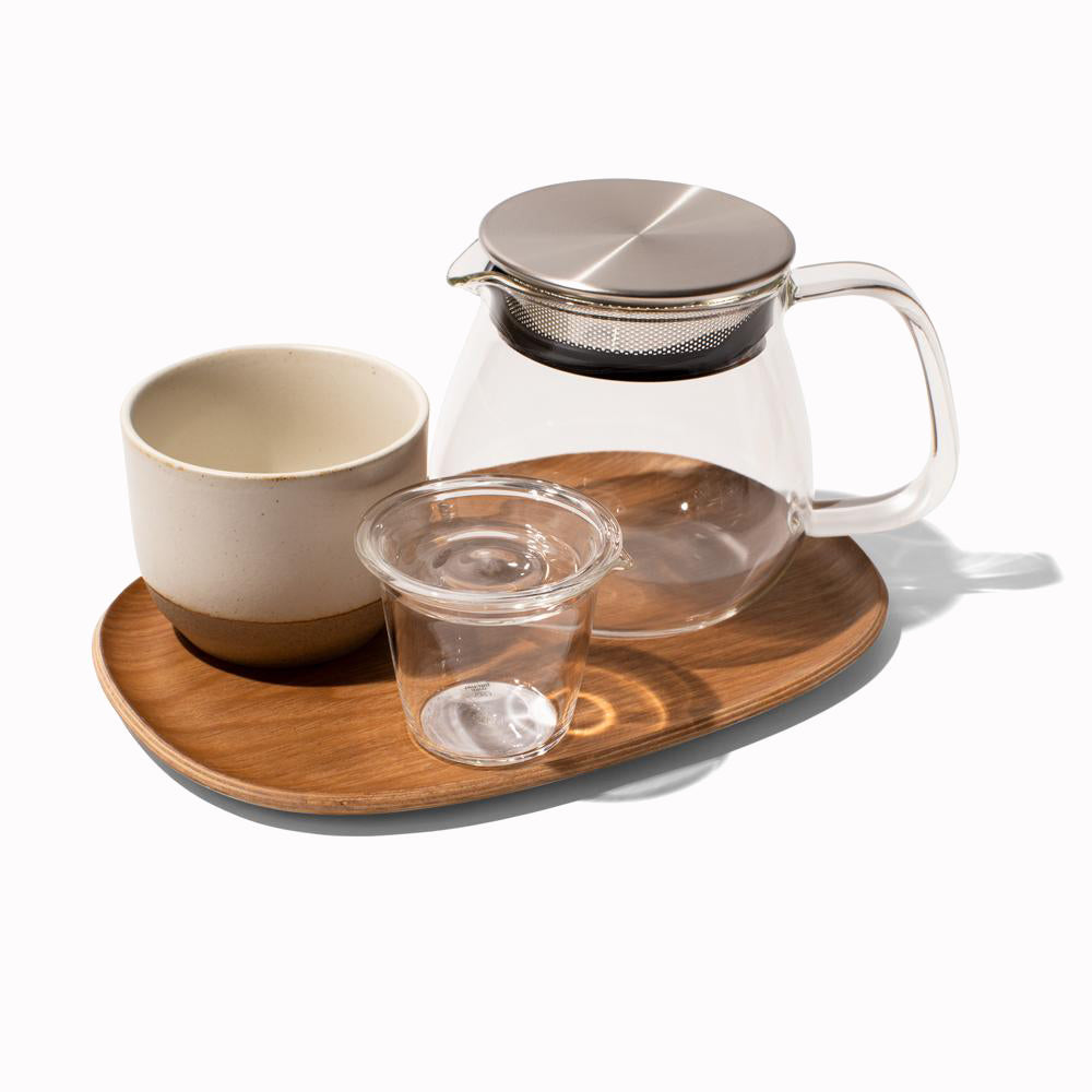 Unitea non-slip wooden tray, Ceramic Lab cup, Unitea One Touch glass teapot and  glass milk pitcher by Japanese brand Kinto