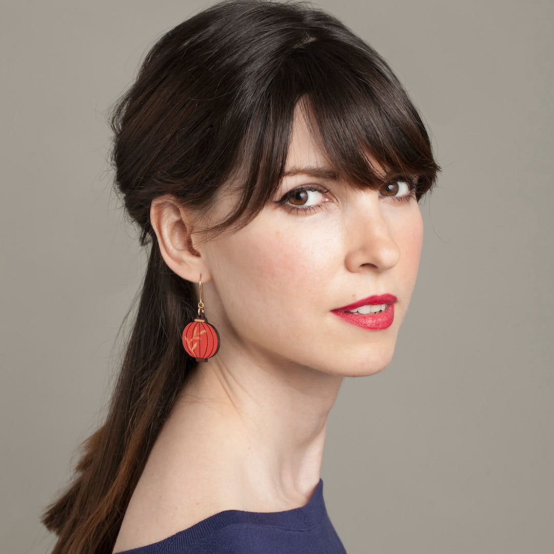 Oriental Lantern Earrings | Model Wearing Earrings | Hand Finished in Barcelona from Materia Rica