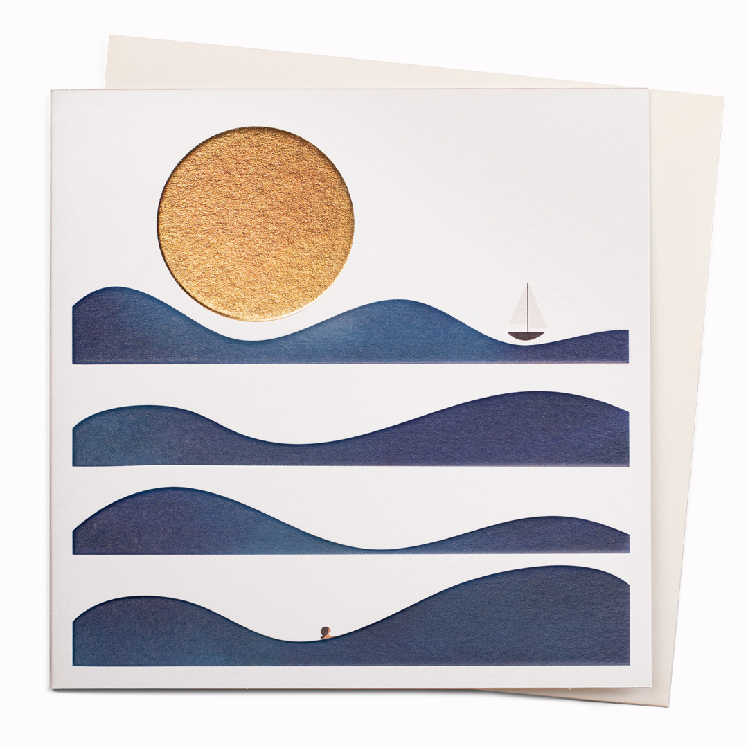 Wave Bather is a gorgeous contemporary art greeting card featuring illustration by Madrid based artist, Blanca Gomez.