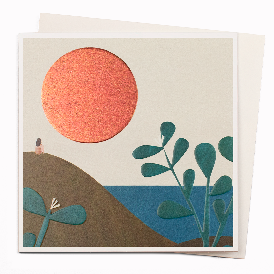 Dune Sunset is a gorgeous contemporary art greeting card featuring illustration by Madrid based artist, Blanca Gomez
