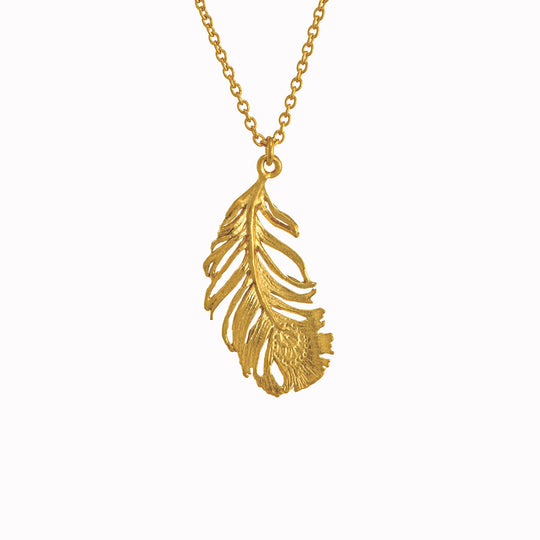 A peacock feather pendant necklace with engraved 'eye' motif from Alex Monroe's Classics jewellery collection.