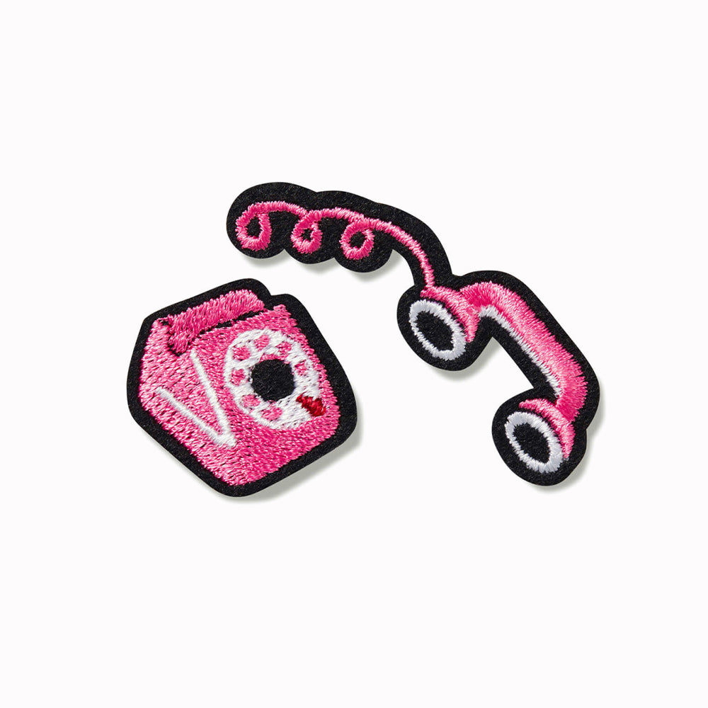 An embroidered vintage pink telephone patch set for hiding holes or decorating clothes, bags or anything textile, From Macon & Lesquoy, French Embroidered badges and patches.