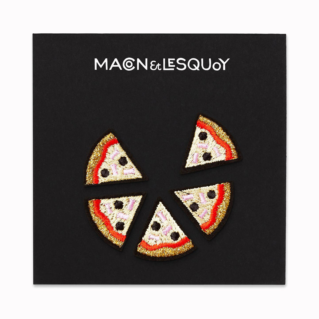    Grab a slice! Yummy embroidered Pizza patch set                                             for hiding holes or decorating clothes, bags or anything textile on a presentation card From Macon & Lesquoy, French Hand Embroidered badges and patches.