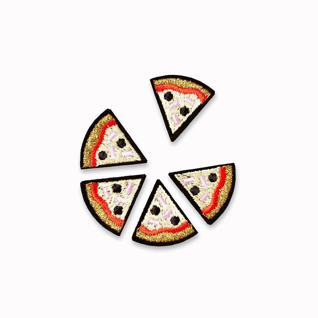    Grab a slice! Yummy embroidered Pizza patch set                                             for hiding holes or decorating clothes, bags or anything textile, From Macon & Lesquoy, French Embroidered badges and patches.