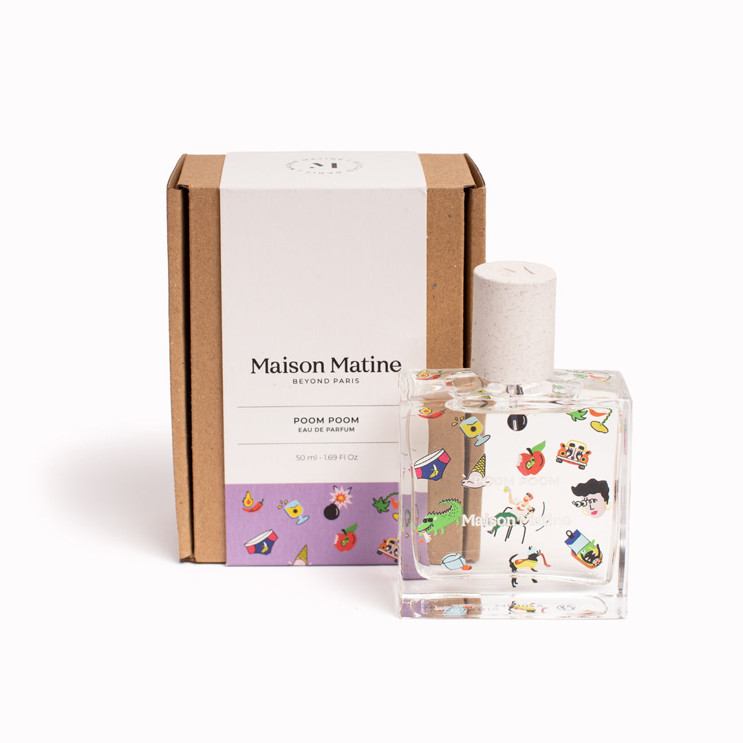 Maison Matine's 'Poom Poom' is a scent that is a carefree ode to life itself... floral, woody, musky and happy! The perfume comes in a beautiful illustrative bottle. 50ml bottle with box. Illustrated with cartoon-style imagery.