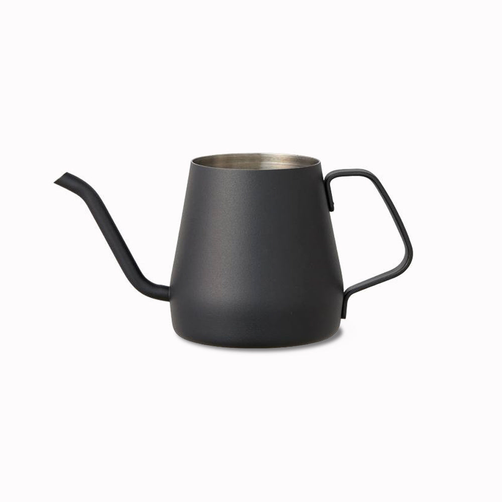This Black Pour Over Kettle from Kinto Japan is a high-quality stainless steel kettle with a sleek black powder coat finish. It has a narrow and gently curving spout that allows precise control over the pour. It is ideal for making pour over coffee with a slow and steady stream of water.