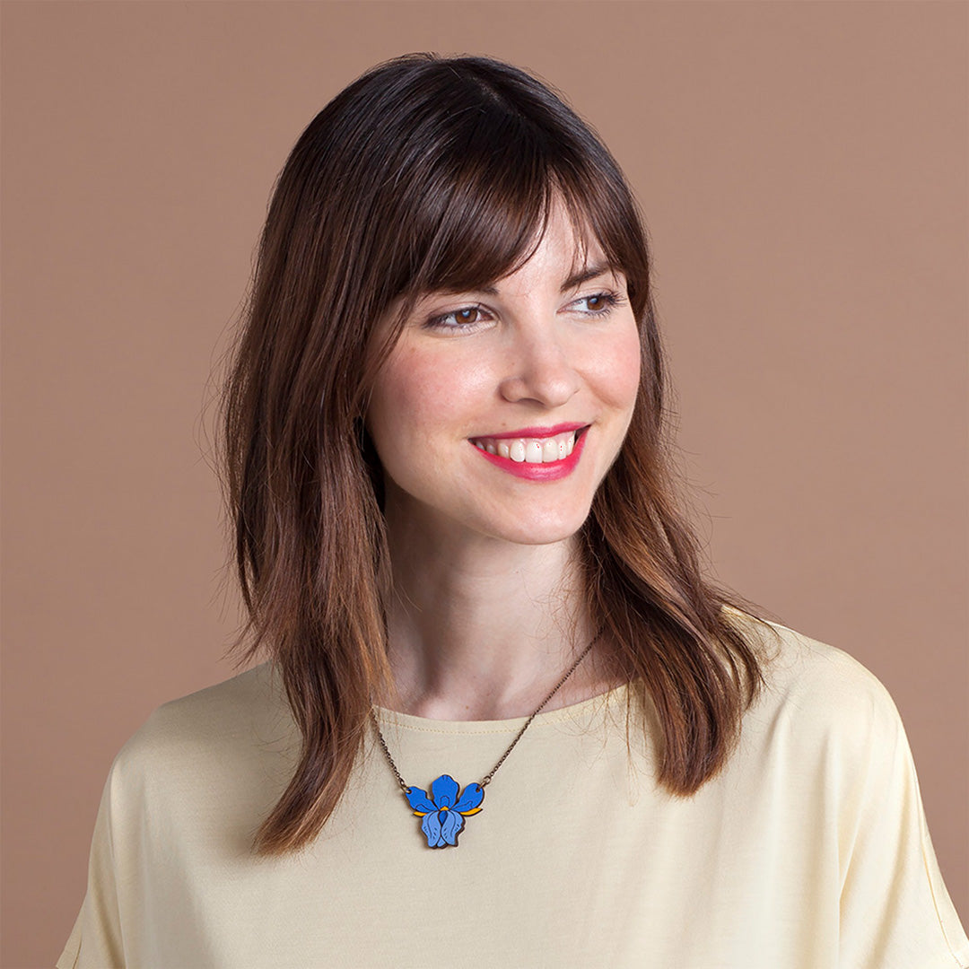 Quiet Lily Necklace | Model Wearing Necklace | Hand Finished in Barcelona from Materia Rica