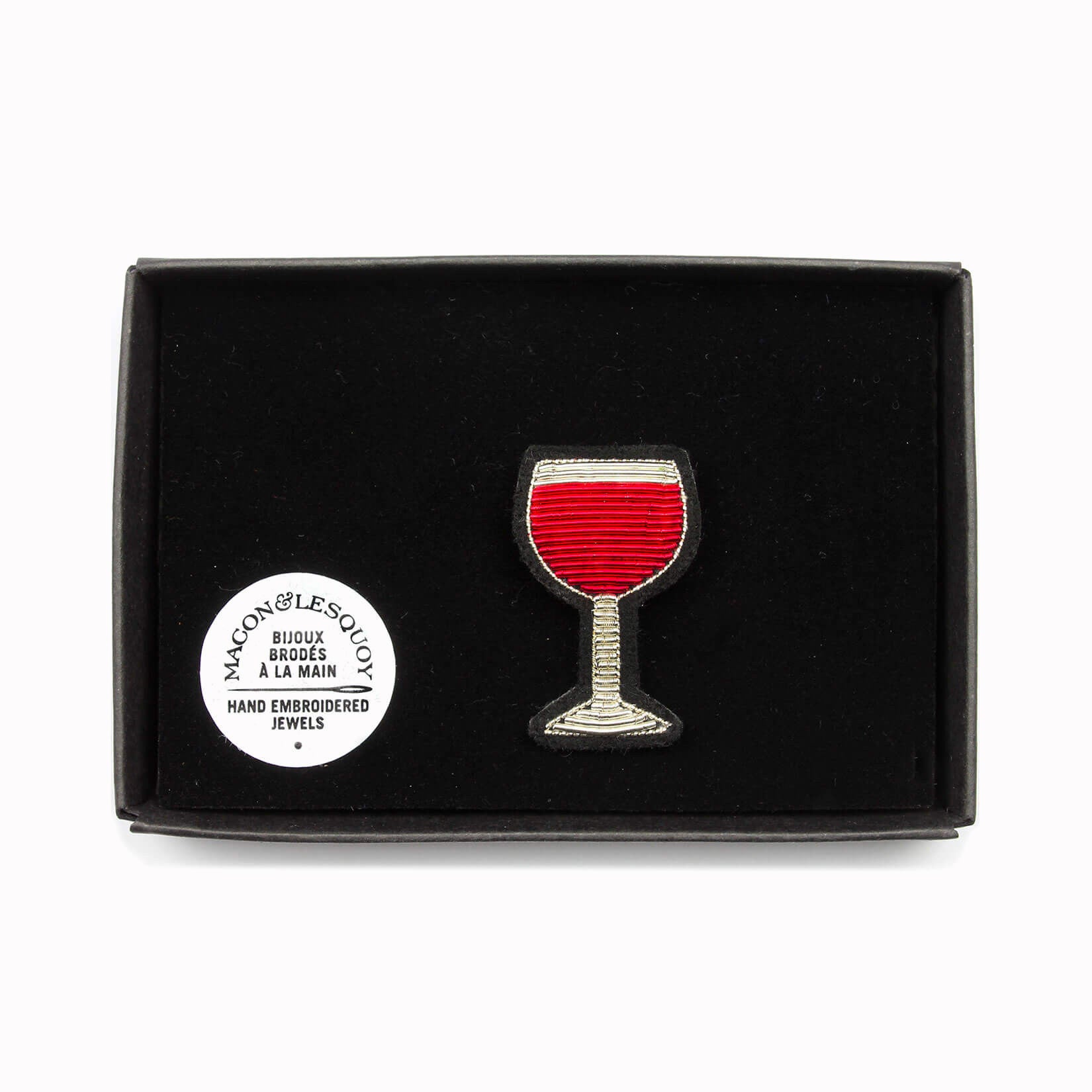 Hand embroidered lapel pin for epicureans and wine lovers in a presentation box From Macon & Lesquoy, French Hand Embroidered badges and patches using Cannetille thread.