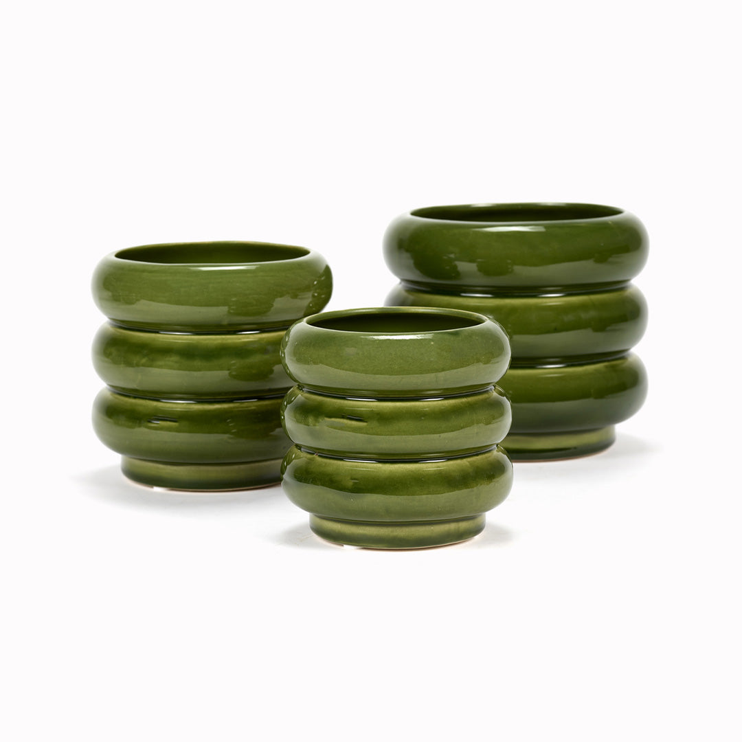 Ridges | Green Glazed Planter | D. 12.5cm