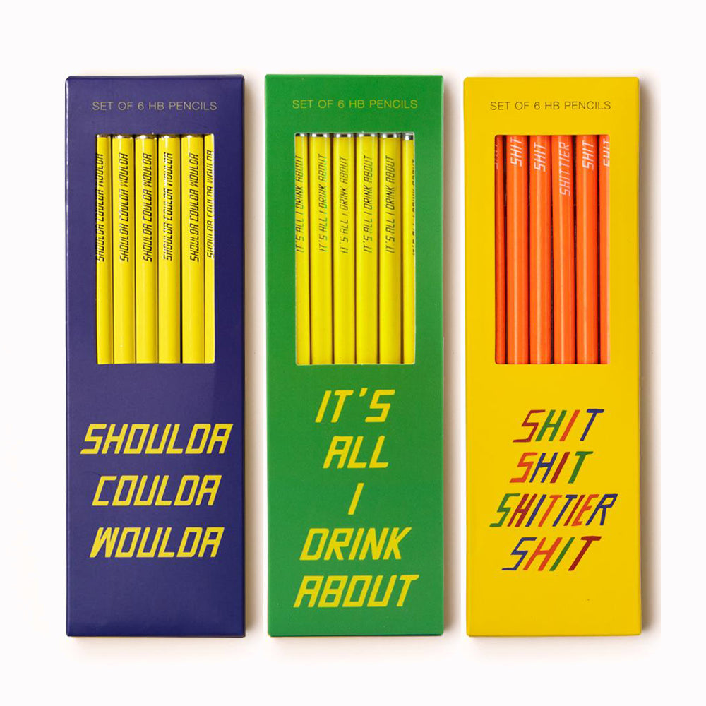 Pencil set box for everyday notes and sketches with motifs and cover designs by US artist Scott Patt, taken from his slogan based 365 paint-a-day project, Bigger, Smaller, Funnier.