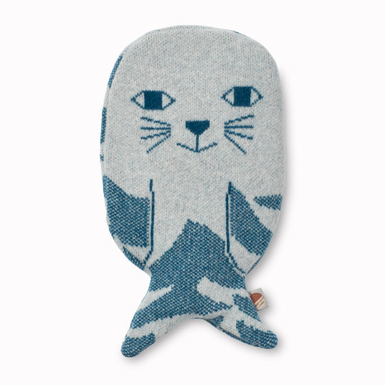 Very cute and cosy Seal hot water bottle with a soft lambswool knitted cover by Donna Wilson, perfect to cuddle up with on a cold evening or to soothe aches and pains.